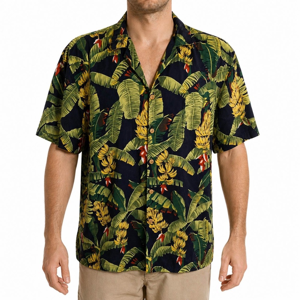 Paradise Found Vtg Hawaiian Aloha Shirt 2XL Floral Flowers Black Yellow Green